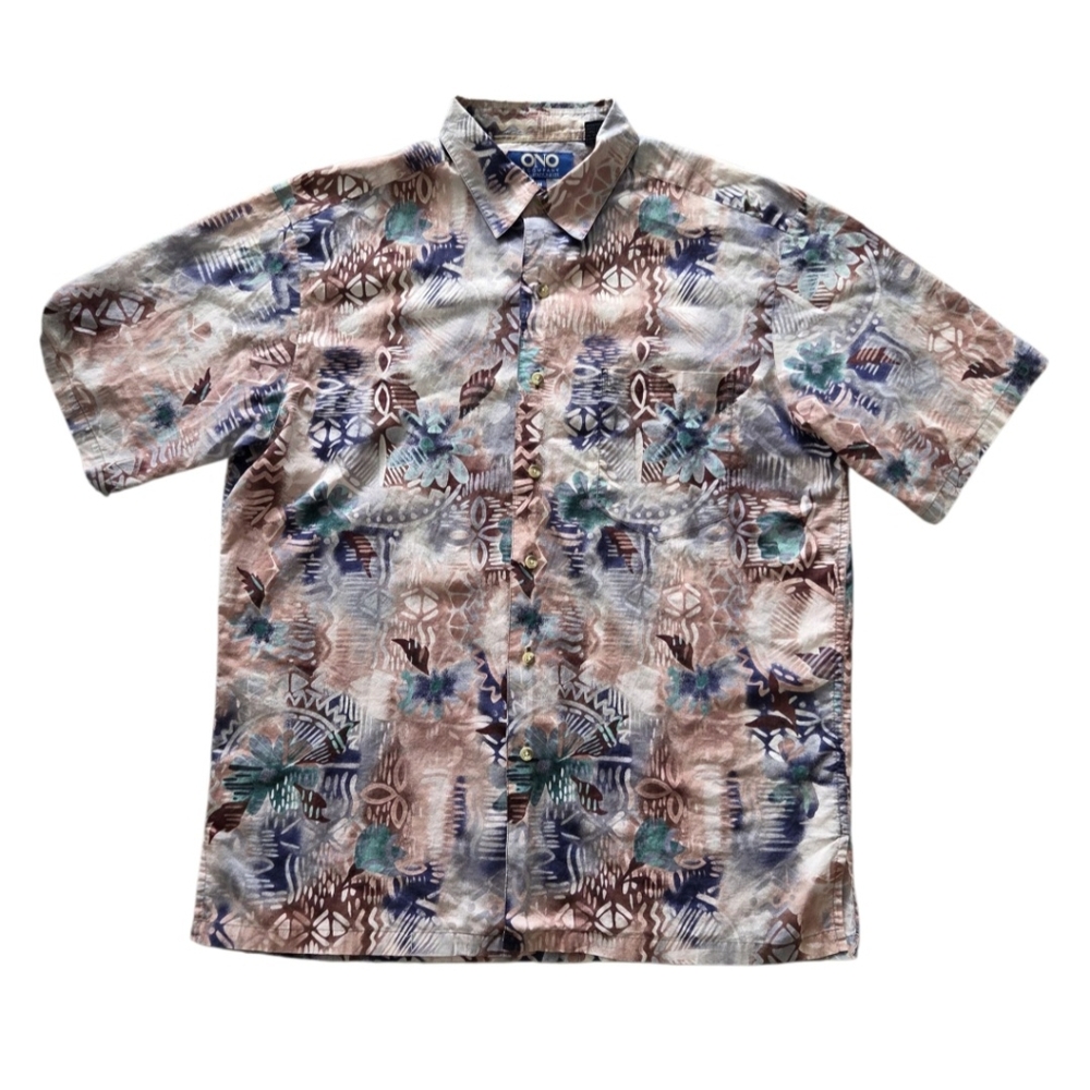 ONO & Co Liberty House Hawaiian Shirt Mens Size M Brown Blue Floral Aloha Cotton